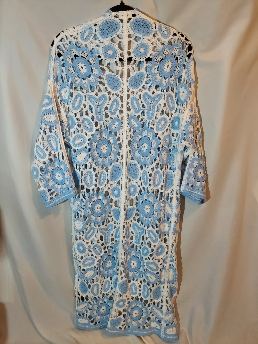 POL Boho Blue White Floral Crochet Open Front Knit Weave Duster Cardigan OS - Picture 2 of 8